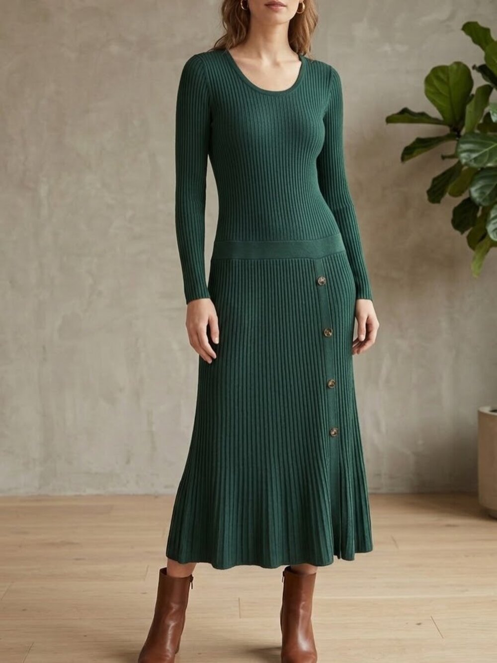 Studio One New York Green Ribbed Knit Midi Dress Large Dropped Waist Minimalist